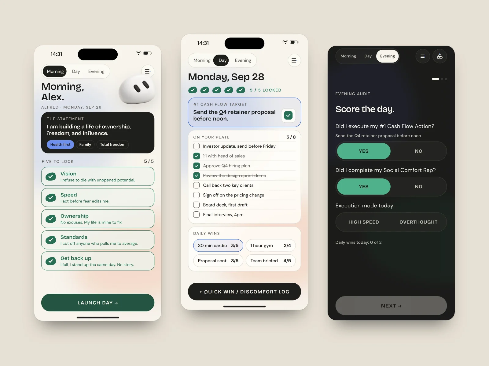 Three Alfred app screens: morning, day and the evening audit