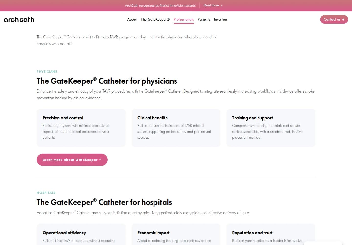 The restored ArchCath page for healthcare professionals