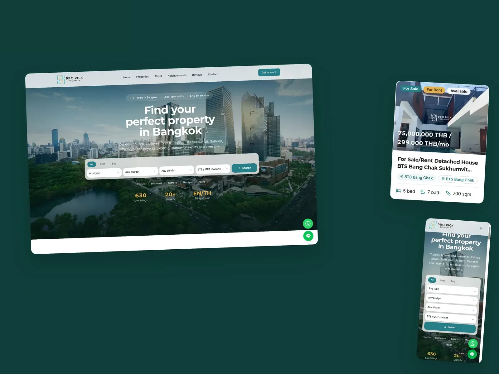 The Pro Pick Property website on desktop, a listing card and the search on a phone