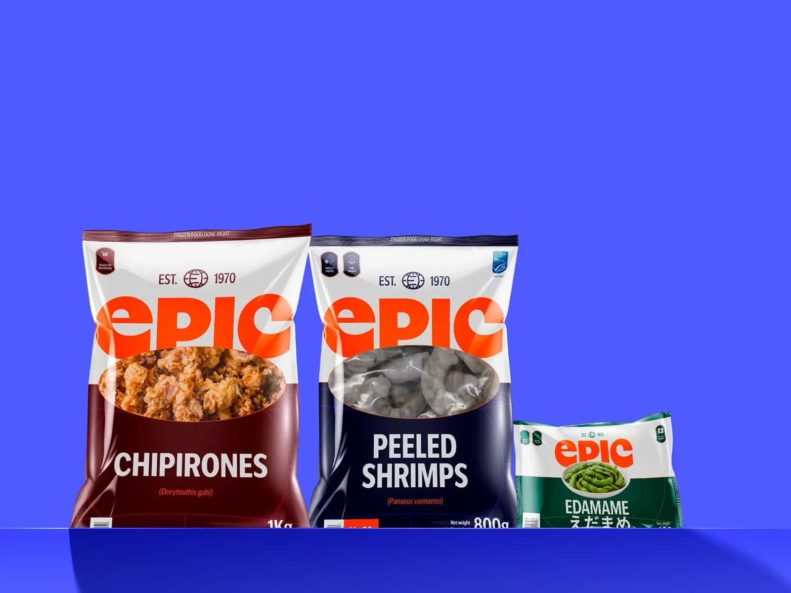 Epic frozen-food packaging arranged on the approved blue brand field