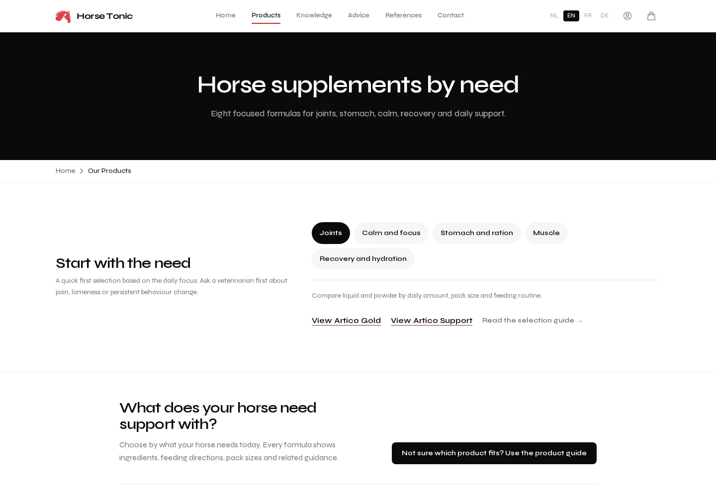 HorseTONIC catalogue with need-based product selection