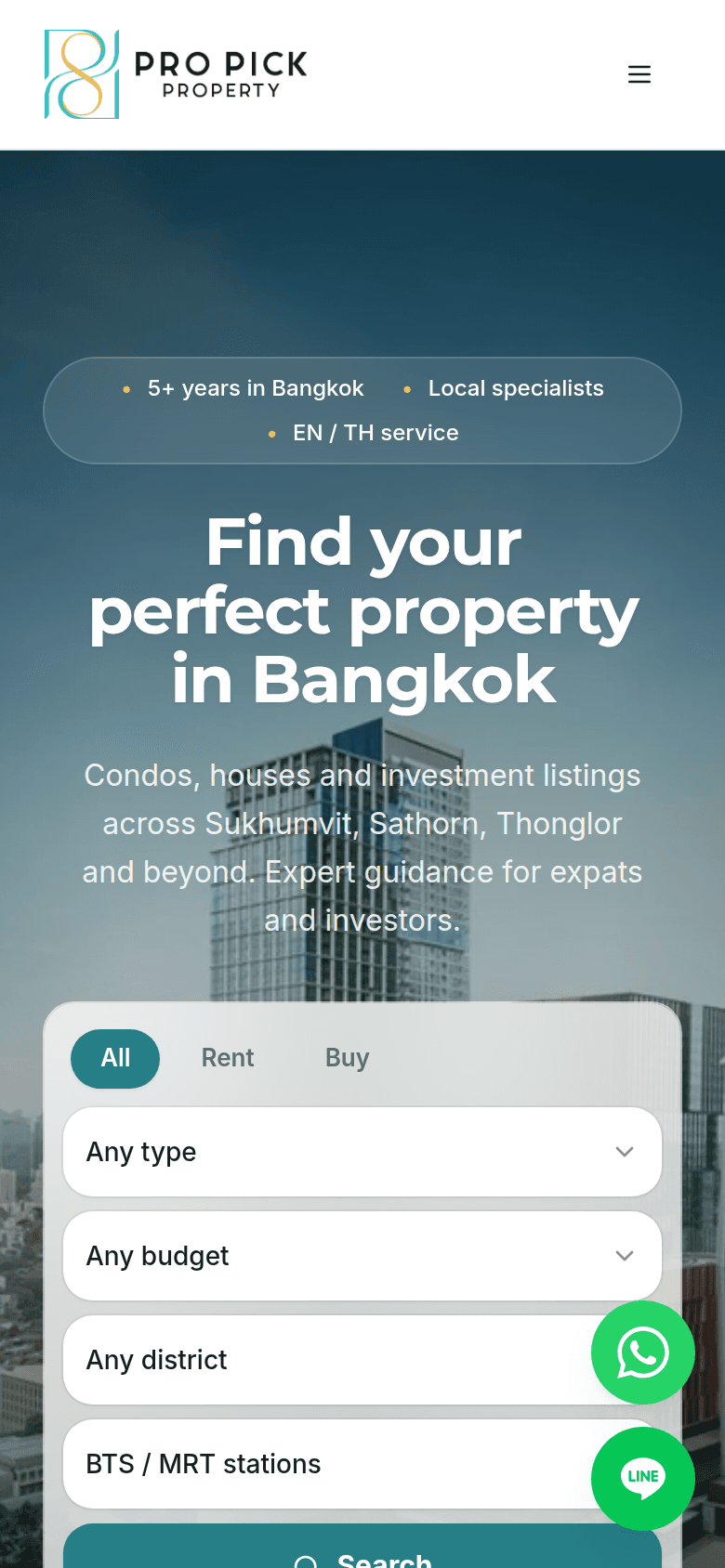 The Pro Pick Property search on a phone, with type, budget, district and station filters