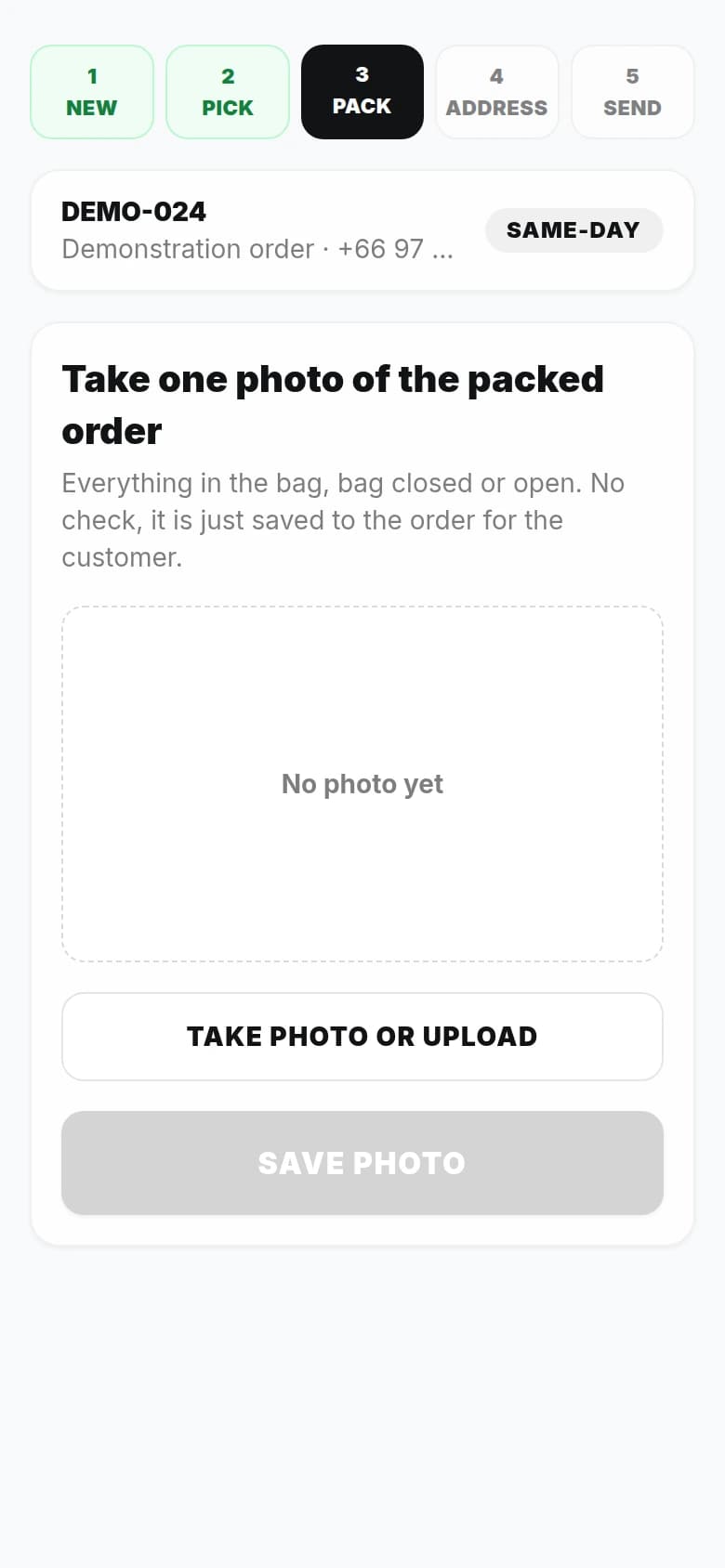 UnReal packing step with the control for saving a photograph of the packed order