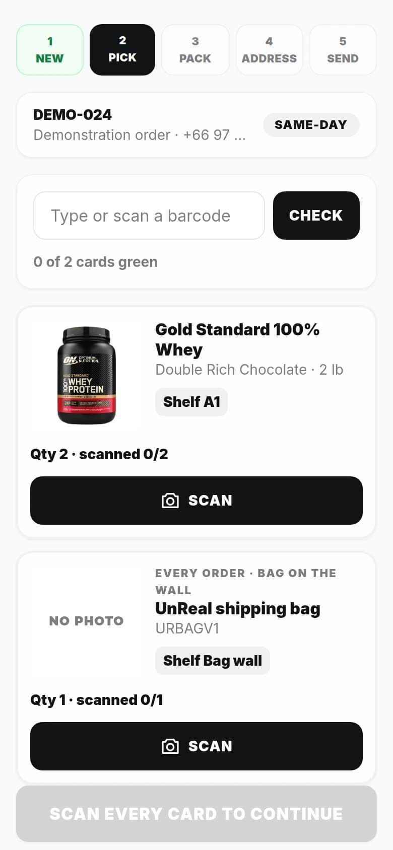 UnReal's mobile order picking software showing product cards and shelf locations
