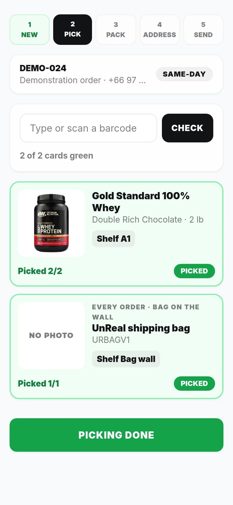 The same UnReal picking workflow with successfully scanned products confirmed in green