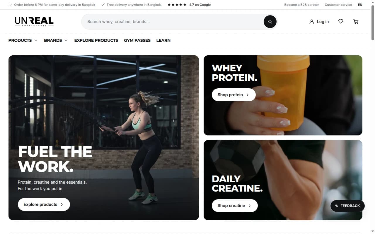 The UnReal online supplement shop with its actual product catalogue and buying interface