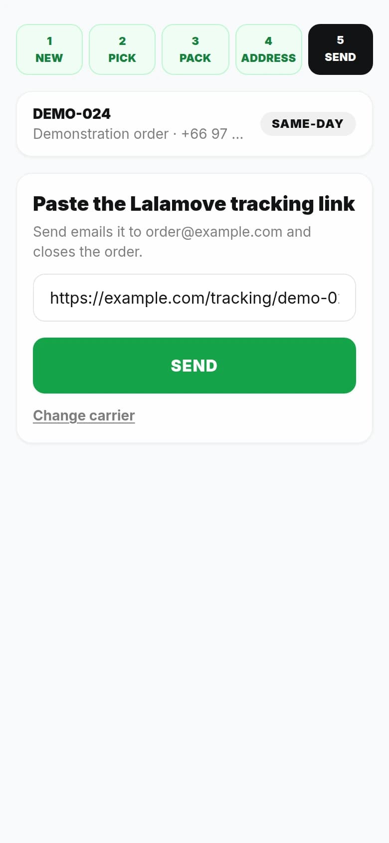UnReal final dispatch step for adding and sending the selected courier's tracking link
