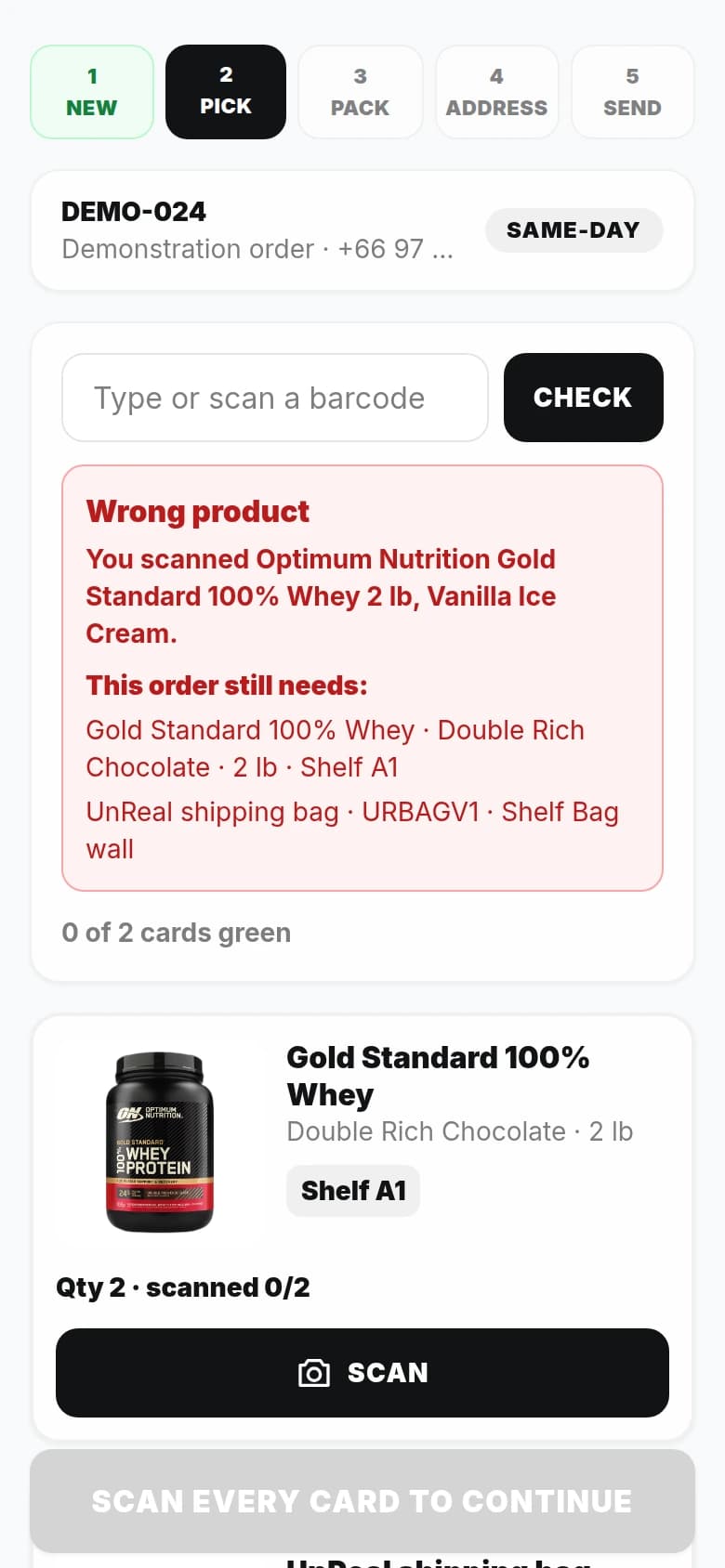UnReal wrong-product feedback showing a rejected barcode scan and the expected order items
