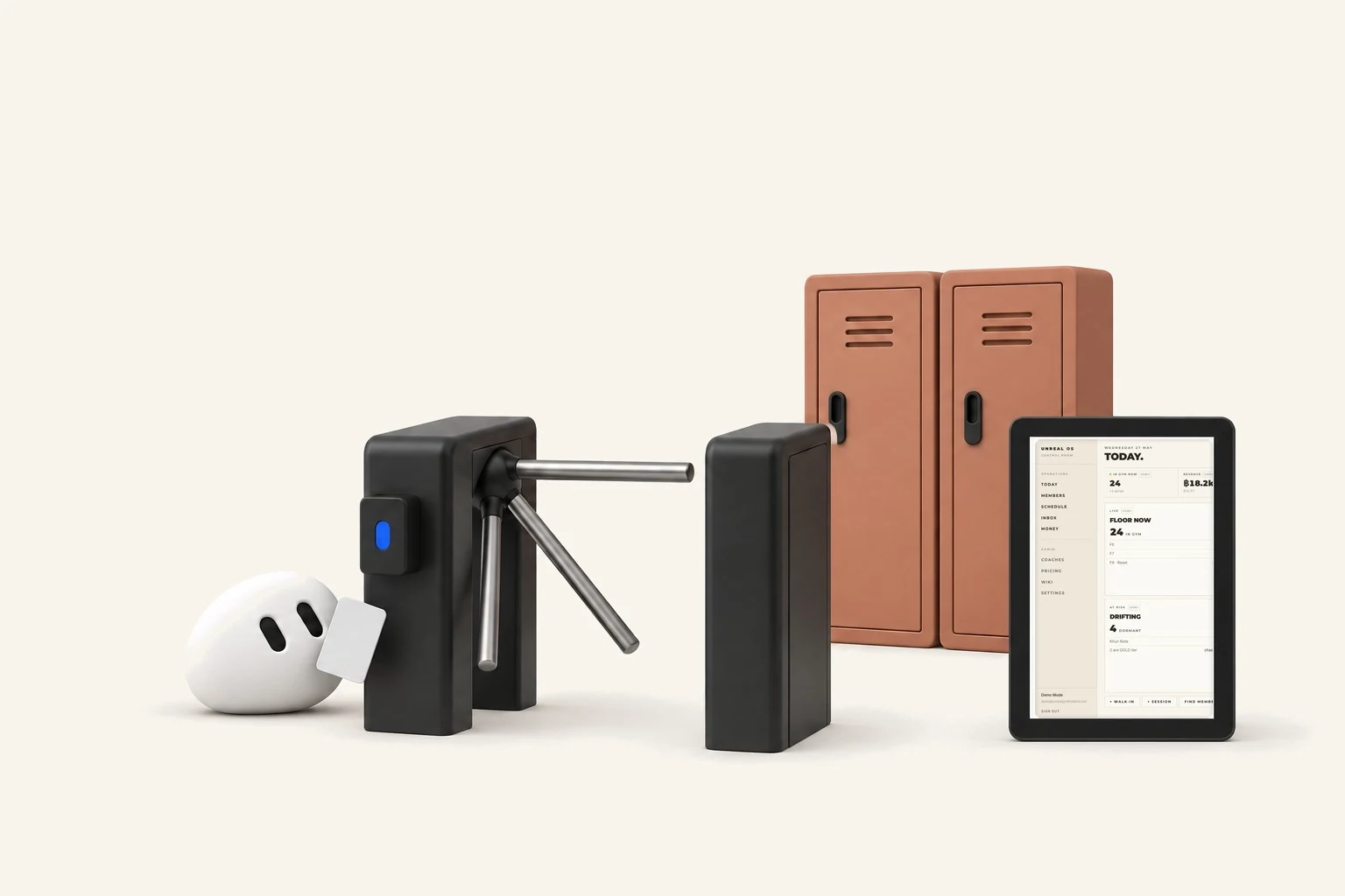 Turnstile and lockers beside a tablet showing the real UnReal staff console