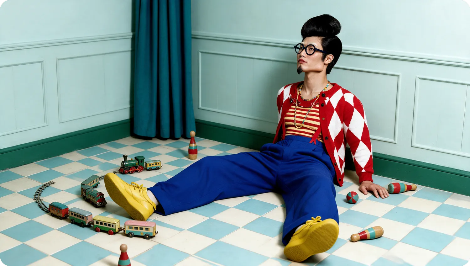 A fictional character with a tall pompadour, red knitwear and blue trousers in a mint tiled room.