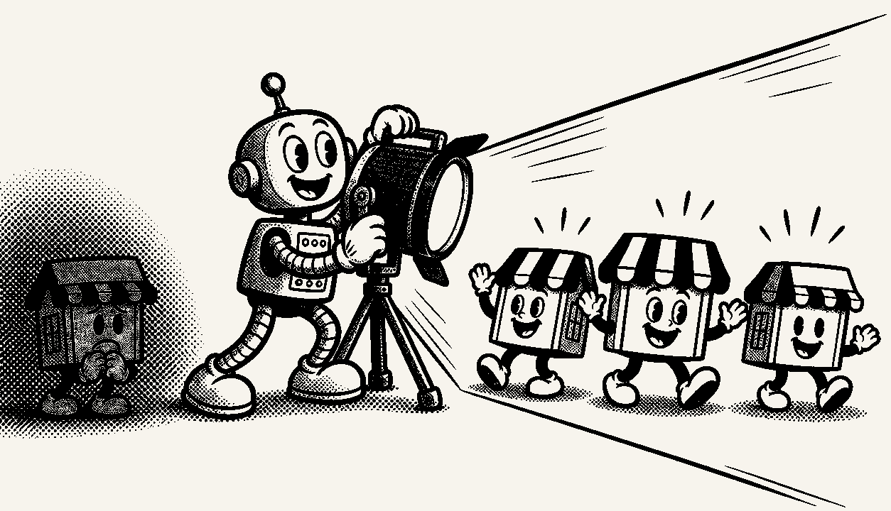 Illustration: a robot shines a spotlight on three small shops while a fourth waits in the dark